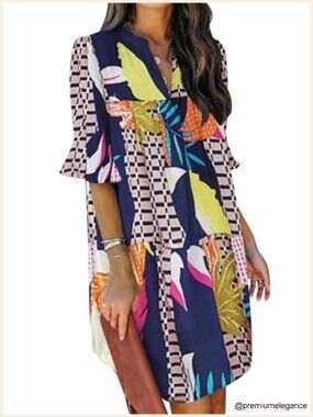 Womens Summer Casual V Neck Shift Mini Dress Flowy Swing Basic Dress Ruffle
